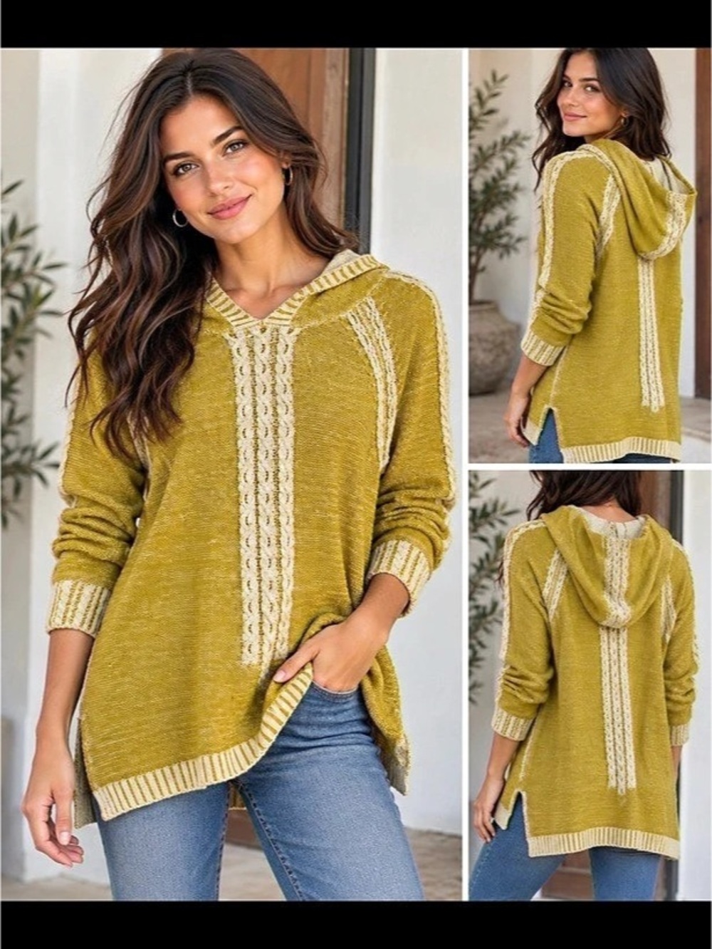 Anthropologie Far Away From Close Hooded Knit Sweater in mustard BOHO Large